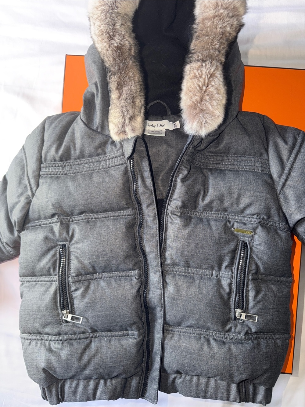 Baby Dior Kids Gray Hooded Puffer Jacket with Real Fur